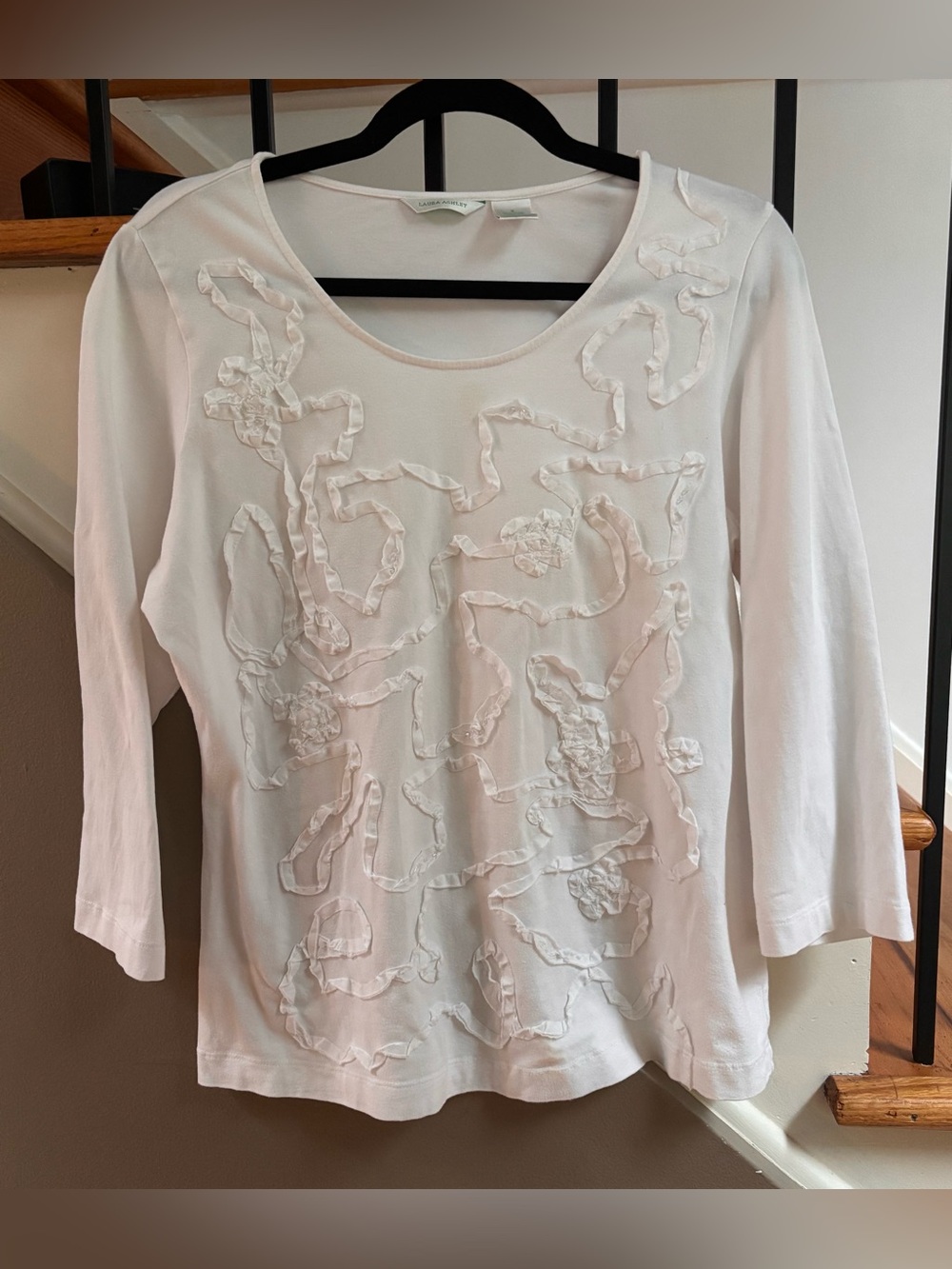 Laura Ashley White Soutache Ribbon Applique Knit Top - 3/4 Sleeve
